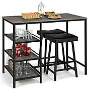 Costway-CA 3 Pieces Counter Height Dining Bar Table Set with 2 Stools and 3 Storage Shelves-Black