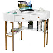 Costway Space Saving Corner Computer Desk with 2 Large Drawers and Storage Shelf-White