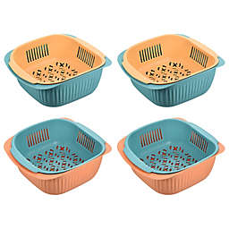 Unique Bargains Kitchen Food Strainer Colander Bowl Set 4 Pieces, Plastic Washing Bowl and Strainer, Wash and Drain Vegetables Fruit Colanders-Blue Yellow+Blue Orange