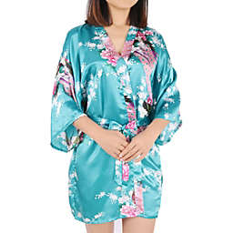 PiccoCasa Women's Satin Kimono Style Bathrobe Dressing Nightgown, Sky Blue, XXL