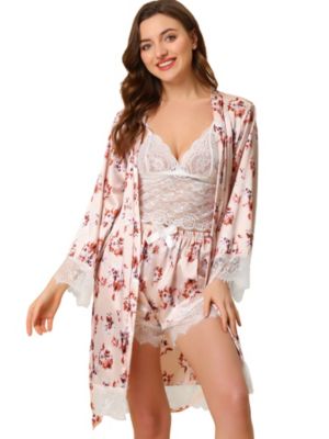 Allegra K Women&#39;s Satin Sexy Lace Lounge A-Line Mini 3Pc Pajamas Sets Pink S