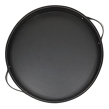 Juvale Faux Leather Round Serving Tray with Handles for Coffee Table and Ottoman (Black, 14.5 x 2 In). View a larger version of this product image.