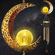 Qishi Solar Wind Chimes for Outside Hanging, Retro Metal Moon Wind Chime with Cracked Glass Ball