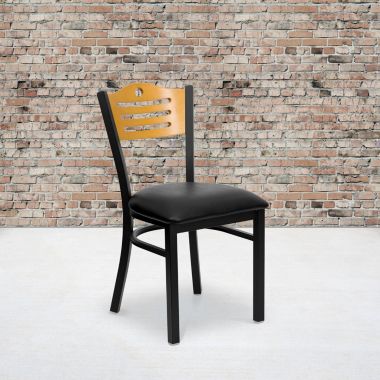 Flash Furniture 2 Pack HERCULES Series Black Slat Back Metal Restaurant Chair - Natural Wood Back, Black Vinyl Seat. View a larger version of this product image.