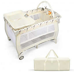 Costway Portable Foldable Baby Playard Nursery Center with Changing Station-Beige