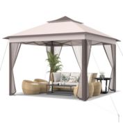 Gymax 11 x 11 ft Pop up Gazebo 2-Tier Patio Canopy Tent Shelter w/ Carrying Bag Beige/Brown