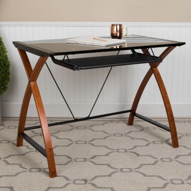 Flash Furniture Jude Black Glass Computer Desk with Pull-Out Keyboard Tray and Crisscross Frame. View a larger version of this product image.