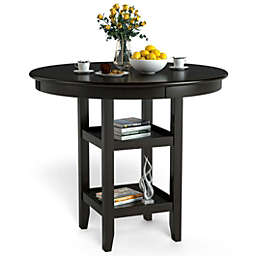 Costway-CA 36.5 Inch Counter Height Dining Table with 42" Round Tabletop and 2-Tier Storage Shelf