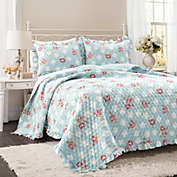 Cottage Core Floral Ruffle Reversible Oversized Quilt Blue/Blush 3Pc Set King/Cal King