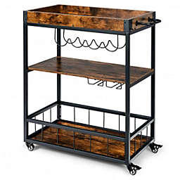 Costway 3-Tier Rolling Kitchen Bar Cart with Wine Rack-Rustic Brown