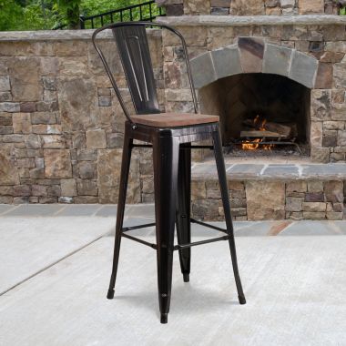 Flash Furniture Lily 4 Pack 30" High Black-Antique Gold Metal Barstool with Back and Wood Seat. View a larger version of this product image.