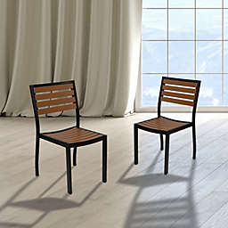 Emma + Oliver 2 Pack Stacking Outdoor Faux Teak Side Chairs with Poly Slats
