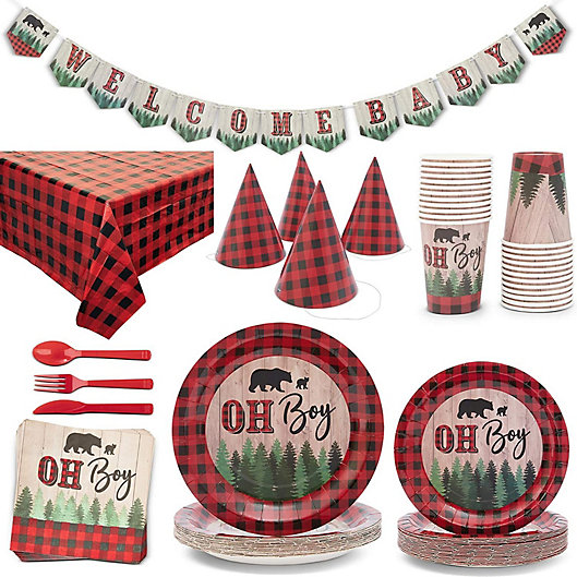 Alternate image 1 for Blue Panda Red Plaid Boy Baby Shower Party Supplies, Dinnerware Set and Tablecloth (Serves 24, 194 Pieces)