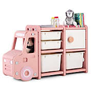 Costway Kids Toy Storage Organizer Toddler Playroom Furniture w/ 2 Large Bins & Drawers, Pink/White