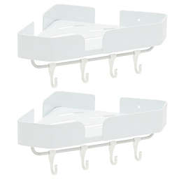 Juvale Bathroom Corner Shelves with Hooks, Wall Mounted Shower Caddy Shelf (White, 2 Sets)