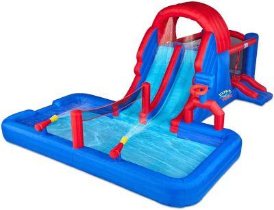 Sunny & Fun Ultra All-Play Inflatable Water Slide Park - Heavy-Duty for Outdoor Fun - Climbing Wall, Slides, Bounce House, Volley Net, Deep Pool - Inflate with Included Air Pump & Carrying Case