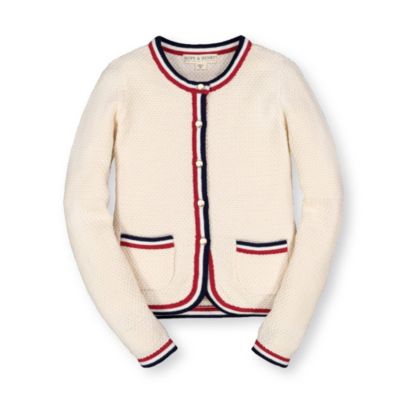 Hope & Henry Girls&#39; Long Sleeve Fancy Cardigan Sweater with Stripe Trim - Ivory Texture with Stripe Trim, Size  6-12 Months