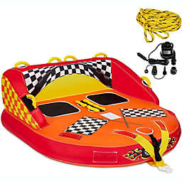 Sunny & Fun Towable Water Tube   2-Person Inflatable Floating Raft for Boating with Cushion Seats, Grip Handles, Dual Tow Points & Speed Safety Valve For Fast Inflation   12V Air Pump & Tow Rope Included