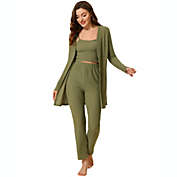 Allegra K Women&#39;s Pajamas Sleepwear 3 Pieces Pajamas Cami Top with Pants Long Sleeve Cardigan Crop Knit Nightwear Lounge Set Medium Green
