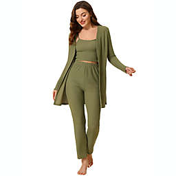 Allegra K Womens Knit Lounge Sleepwear Pants Shrug Cardigan 3ps Pajama Set Green M