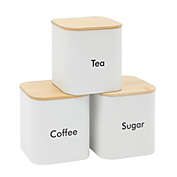 Juvale Sugar Tea Coffee Kitchen Canister Set, White Stainless Steel Containers with Bamboo Lids (54 oz, 3-Piece Set)