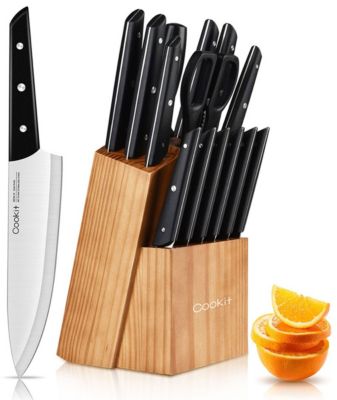Cookit 15-Piece ABS Handle Kitchen Chef Knives Set with Pine Block Holder and Manual Sharpener
