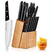 Cookit 15-Piece ABS Handle Kitchen Chef Knives Set with Pine Block Holder and Manual Sharpener