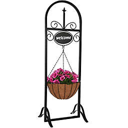 Sunnydaze Indoor/Outdoor Iron Construction Decorative Welcome Sign and Coco Grass Liner Hanging Basket Planter Stand - 48