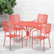 Emma + Oliver Commercial Grade 35.25" Round Coral Patio Table Set-4 Square Back Chairs
