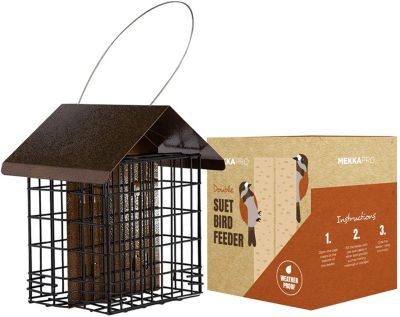 MEKKAPRO Double Suet Wild Bird Feeder with Hanging Metal Roof Two Suet Capacity Bird Feed Recommended