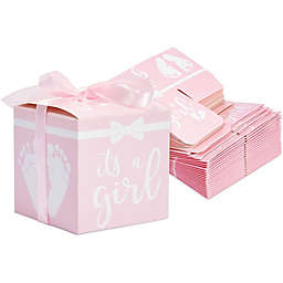 Sparkle and Bash Its a Girl Baby Shower Party Favor Boxes with Ribbons (Pink, 50 Pack)