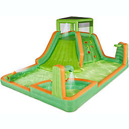 Sunny & Fun Four Corner Inflatable Water Slide Park - Heavy-Duty for Outdoor Fun - Climbing Wall, Slide & Deep Pool - Easy to Set Up & Inflate with Included Air Pump & Carrying Case