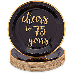 Sparkle and Bash Black Paper Plates for 75th Party, Cheers to 75 Years (9 In, 48 Pack)