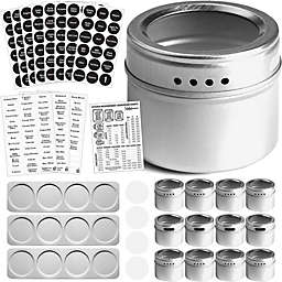 Talented Kitchen Set of 12 Magnetic Spice Tins with 3 Metal Wall-Plate Bases, Window-Top Sift and Pour Lids, 269 Preprinted Seasoning Label Stickers in 2 Styles for 3 oz Herb Jars