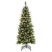 Gymax 5/6/7 FT Pre-lit Hinged Christmas Tree Artificial Pencil Xmas Tree w/ LED Lights