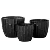 Urban Trends Collection Ceramic Round Pot with Embossed Brick Edges Pattern Design Body and Tapered Bottom Set of Three Matte Finish Black