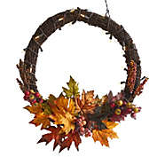 HomPlanti 21" Maple Leaf and Berries Artificial Wreath with 50 Warm White LED Lights