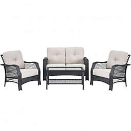 Costway-CA 4 Pieces Patio Wicker Furniture Set Loveseat Sofa Coffee Table with Cushion-Beige