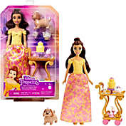 Disney Princess Belle Doll with Shiny Clothing, Tea Cart, Friends and Food Pieces Playset