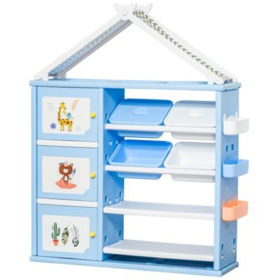 Qaba Kids Toy Storage Organizer with 4 Bins, Storage Cabinets, Bookshelf and 4-Layers Toy Collection Shelves, Blue