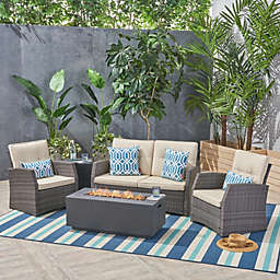 Contemporary Home Living 6pc Brown and Gray Outdoor Patio 8 Seater Chat Set with Fire Pit 67.5
