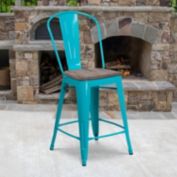 Emma + Oliver 24"H Crystal Teal-Blue Metal/Wood Counter Stool with Back