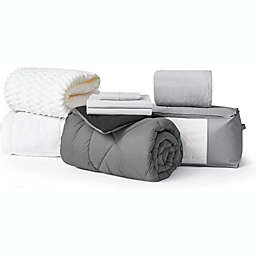 DormCo Basic Necessities - Twin XL College Bedding Package with Comforter, Sheets, Bed Blanket, Topper, Mattress Pad, and Storage Bag - Granite Gray / Black Color Set