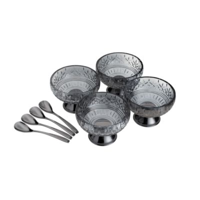 Wolff Lys Collection Grey Crystal Dessert Bowls with Spoons Set of 4