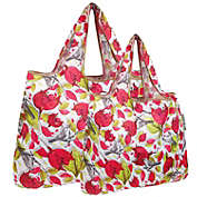 Wrapables Large & Small Foldable Tote Nylon Reusable Grocery Bags, Set of 2, Red Floral with Gray Birds