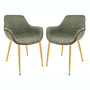 LeisureMod Markley Modern Leather Dining Arm Chair With Gold Metal Legs Set of 2 - Olive Green