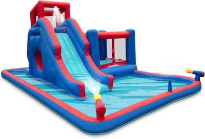 Sunny & Fun Deluxe Inflatable Water Slide Park - Heavy-Duty Nylon Bounce House for Outdoor Fun - Climbing Wall, Slide, Bouncer & Splash Pool - Easy to Set Up & Inflate with Included Air Pump & Carrying Case