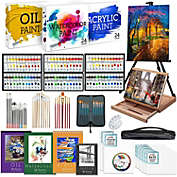 Jumbl Deluxe 131-Piece Painting Kit,Professional Artistic Set w/ 72 Oil, Acrylic & Watercolor Paints, Color Wheel & Palette, Wooden Desk & Standing Easel, 8 Canvases, 4 Sketch Books & 4 Brush Sets