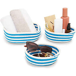 Cottage Creek Farms Round Woven Storage Baskets, Blue and White Stripes (3 Sizes, 3 Pack)