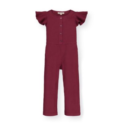 Hope & Henry Girls&#39; Rib Button Front Short Sleeve Jumpsuit, Red, 4